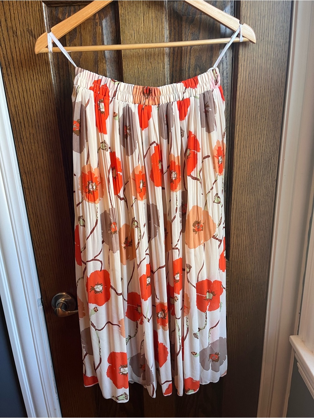 Source Unknown Cream Midi Skirt with Red and Brown Floral Print